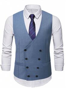 Manfinity Bizformal 男士纯色V领双排扣商务西装背心 - 寶藍色 - 查看 6