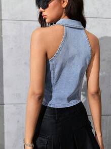 SHEIN EZwear 女士单排扣休闲牛仔背心 - 淺色水洗藍 - 查看 2