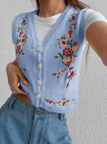 SHEIN Unity Women's Sweet Casual Versatile Flower Embroidered Vest, Suitable For Spring, Summer, Autumn - Multicolor - View 1