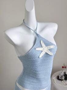 Elamini Set de 2 piezas Jersey + Pantalón corto de mujer con adorno de estrella de mar, apropiado para uso diario, vacaciones y citas