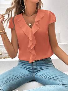 SHEIN Clasi 夏季纯色荷叶边V领休闲短袖衬衫 - 亮橙色 - 查看 6