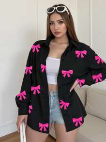 INAWLY Áo sơ mi tay dài in nơ cỡ lớn cho nữ, đơn hàng thường ngày - Nhiều màu - Xem 1