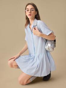 Muvela 女式蓝白条纹休闲衬衫裙，迷你长款，褶边，夏季连衣裙