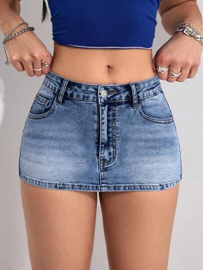 SHEIN PETITE 女式渐变色口袋装饰休闲牛仔铅笔裙