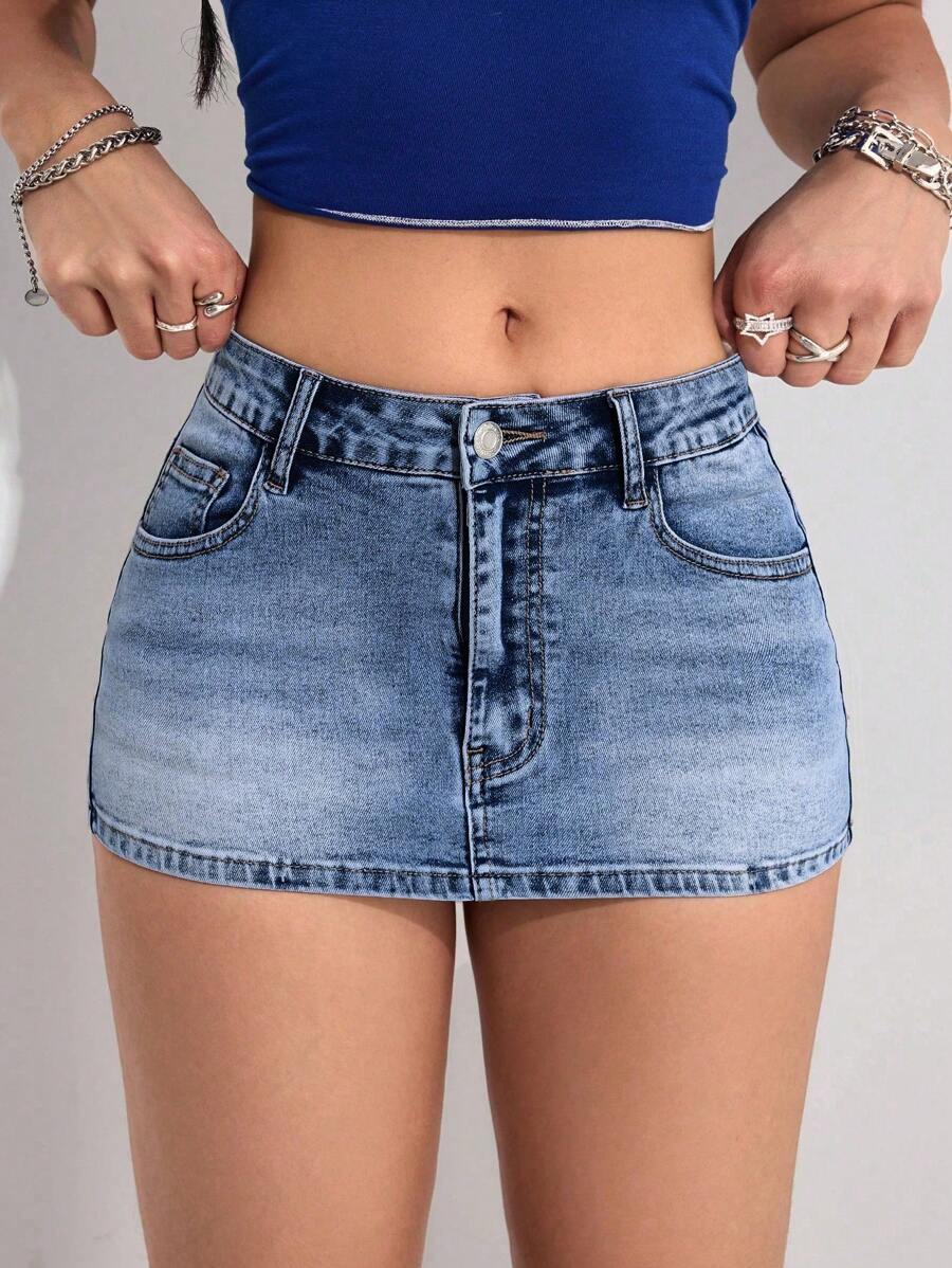 SHEIN PETITE Váy bút chì denim thường ngày có túi màu gradient dành cho nữ - Rửa trung bình - Xem 1