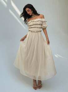 Aloruh Women's Romantic Off Shoulder Ruffle Hem Extra Long Dress - Apricot - View 8