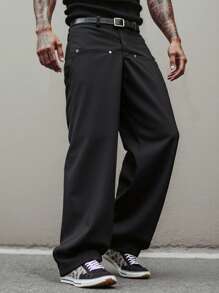 Manfinity Hypemode Men's Streetwear Black Loose Wide-Leg Pants,Autumn Casual Trousers For City Break,Vacation Travel,Daily Leisure,Weekend Trips&Semi-Formal Style - Black - View 6
