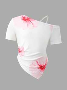 maglietta con spalle scoperte e maniche corte con stampa floreale asimmetrica, per ragazza teenager e mamma, comoda e casual, adatta per uscite quotidiane, dolce e carina