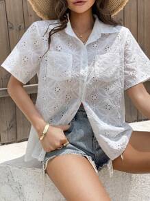 DAZY Camicia da donna aderente con scollo a bottoni e maniche corte in pizzo