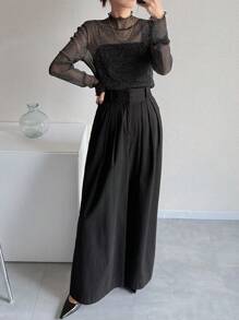 FRIFUL 女士网纱透视高领T恤，夏季性感上衣 - 黑色 - 查看 2