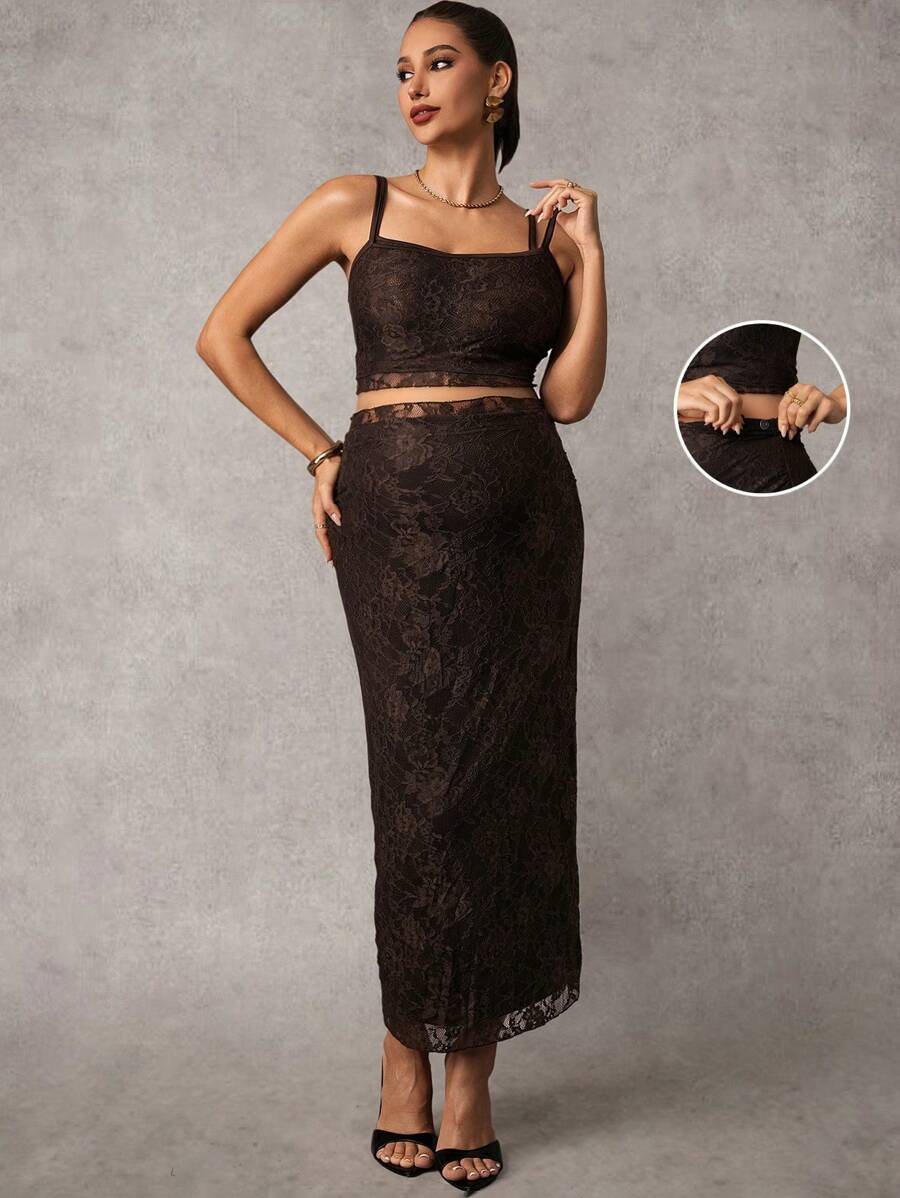 MaterniChic Elegant Maternity Adjustable Waist Sling Tank Top And Skirt 2 Pieces Set - Brown - View 1
