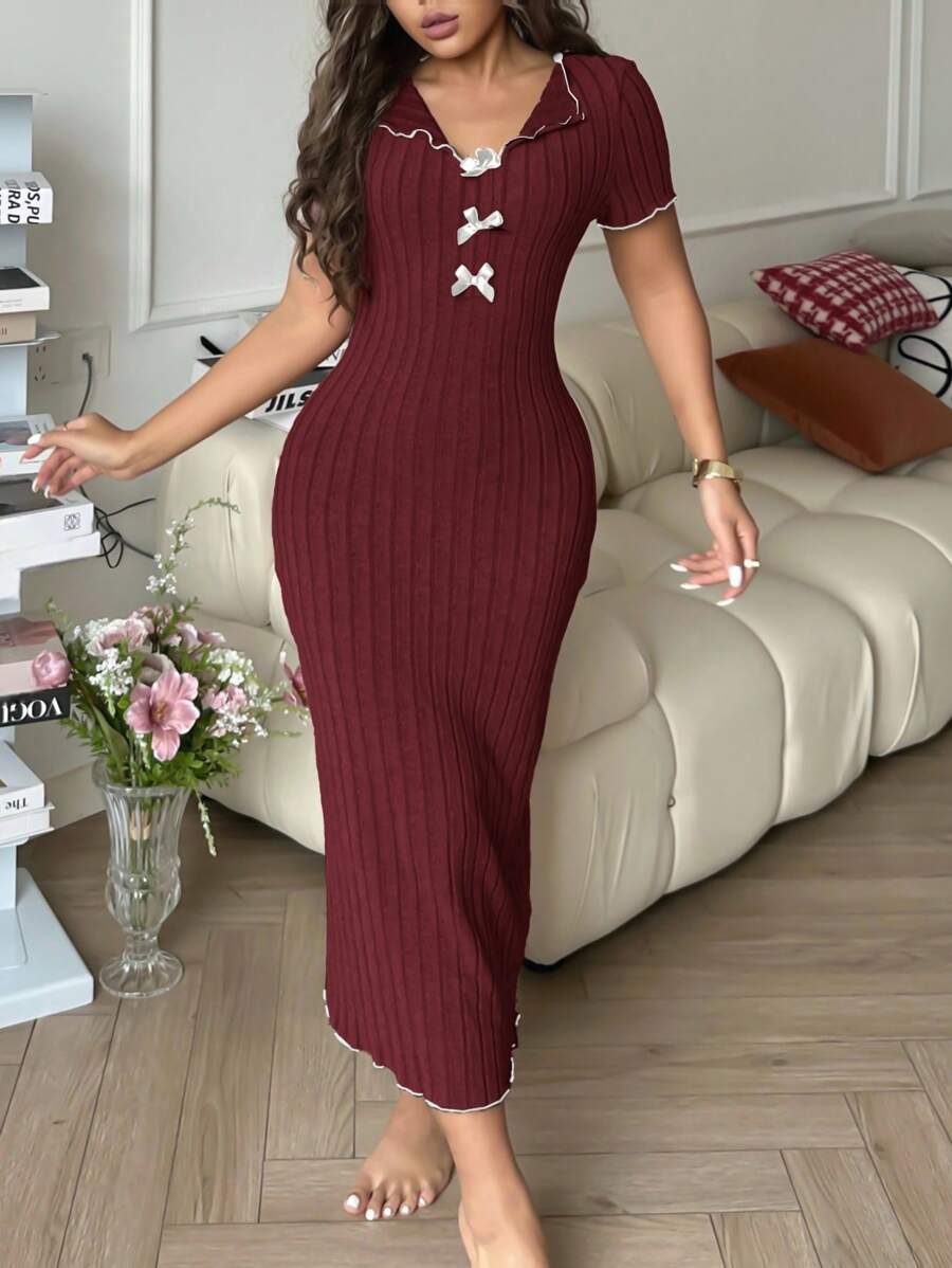 优雅蝴蝶结撞色长款针织连衣裙，女士家居服 - 酒紅色 - 查看 1