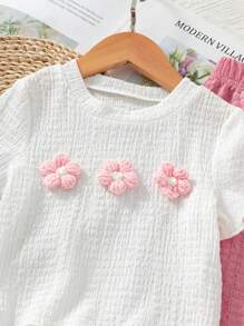 Set de 2 piezas para niñas (tamaño pequeño) que incluye una camiseta texturizada con decoración floral 3D y pantalones casuales largos, adecuado para estar en casa y salidas casuales