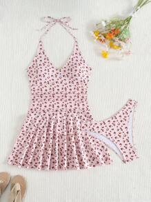 SHEIN Swim Cherry Print Tie Neck V-Neck Ruched Sweet Style Swim Skirt For Summer Beach Vacation - Multicolor - View 3