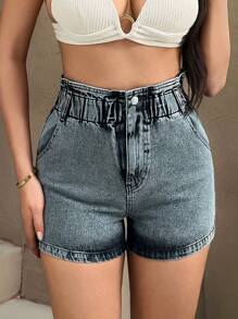 SHEIN Shorts di jeans casual in vita a sacchetto di carta da donna