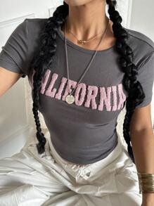 Jouncy 女式字母印花圆领短袖短款修身 T 恤，夏季图案 T 恤女式上衣 - 紫丁香色 - 查看 6