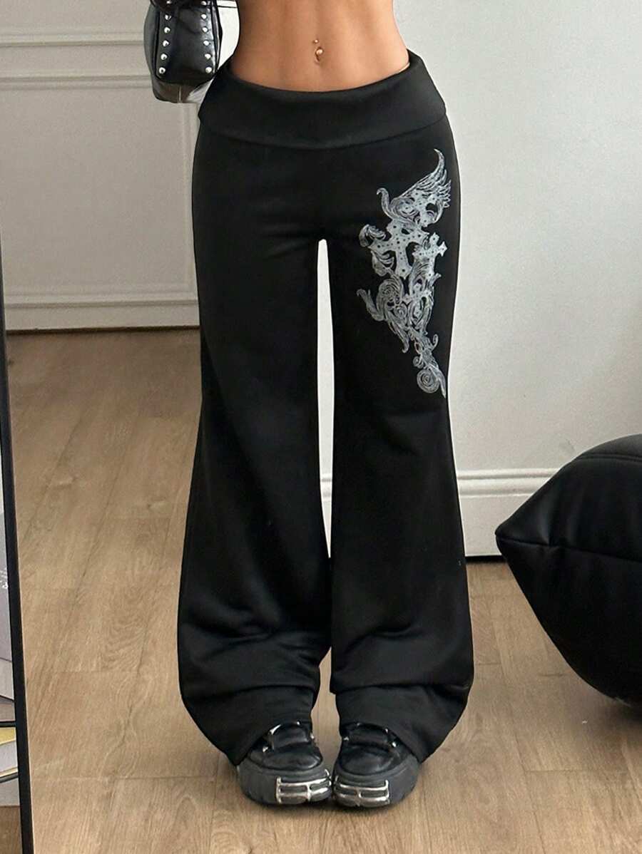 Coolane Women's Summer Festival Renaissance Fair Streetwear Vintage Y2K Grunge Graphics Stretchy Turn-Down Trousers Black Flare Leg Sweatpants