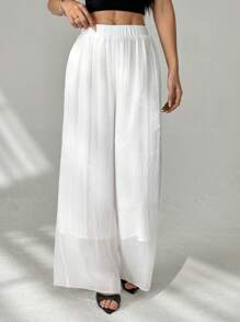 SHEIN PETITE Women's Casual White Wide Leg Long Pants - High Waist Flowy Design In Textured Woven Fabric For Everyday Comfort. - White - View 6