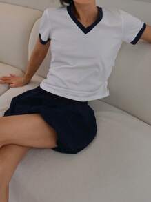 DAZY 2 pièces/set Femmes Top court à col en V bicolore et short en forme de nuage Ensemble de pyjama - Blanc - Voir 6