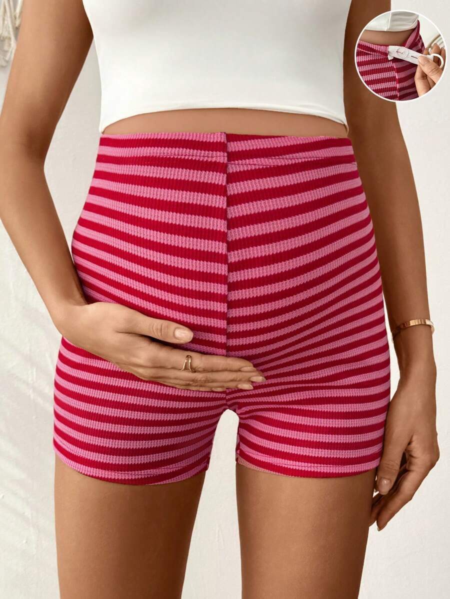 SHEIN Maternity Striped Print Adjustable Waist Summer Casual Shorts - Multicolor - View 1