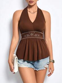 SHEIN Tall Top feminino sexy bordado sem costas com decote halter, verão