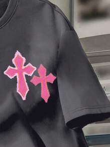 SHEIN EZwear Camiseta de manga corta con cuello redondo y estampado de cruz, de corte holgado y casual, 34% algodón, apropiada para el verano