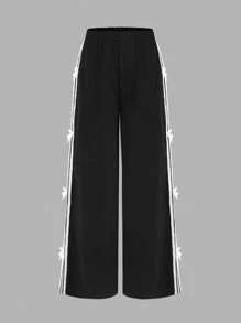 SHEIN Tween Girls Ribbon Bowknot Wide Leg Loose Casual Pants, Black, Versatile & Fashionable For Daily Wear Fall Winter