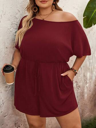 SHEIN CURVE+ Plus Size Women's Summer Solid Color Asymmetric Collar Short Sleeve Pocketed Casual Jumpsuit Shortssummer/Country/Beach Vacation Outfits/Beach Outfits/Beach Wear