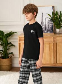 SHEIN Bộ đồ ngủ tay ngắn cổ tròn Dozemod Kids Tween Boys và quần dài, phong cách tối giản và thời trang, phù hợp cho mùa hè - màu đen - Xem 4