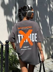 Muchica Áo thun nữ tay ngắn cổ tròn dáng rộng, in họa tiết, thích hợp cho mùa hè. - Màu xám đen - Xem 1