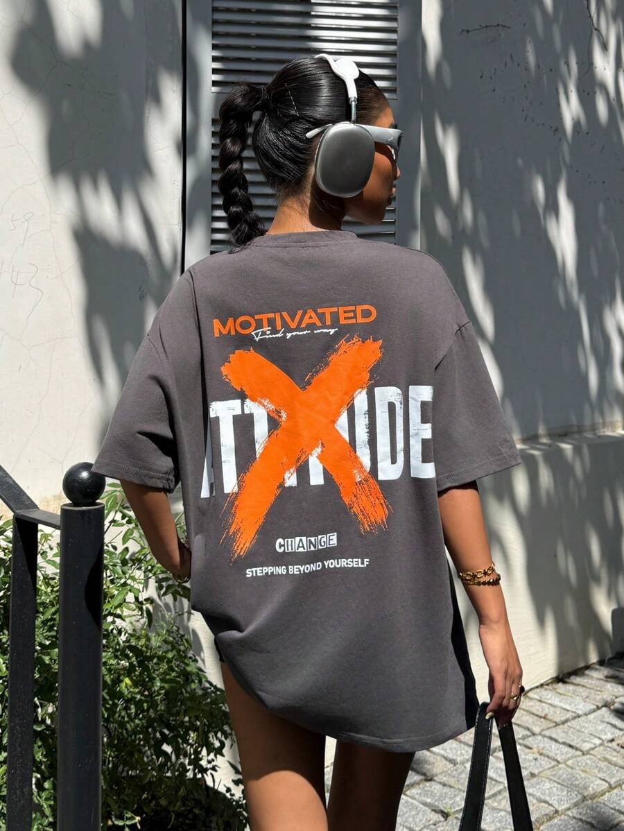 Muchica Áo thun nữ tay ngắn cổ tròn dáng rộng, in họa tiết, thích hợp cho mùa hè. - Màu xám đen - Xem 1