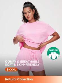LUVLETTE Weiches Baumwoll-Loungewear-Set aus kurzärmeliger Crew-Neck-Oberteil in Rosa und Shorts, luftige Pyjama-Garnitur, sportlich-lässige, bequeme Outfits mit Taschen, Lingerie als Oberbekleidung