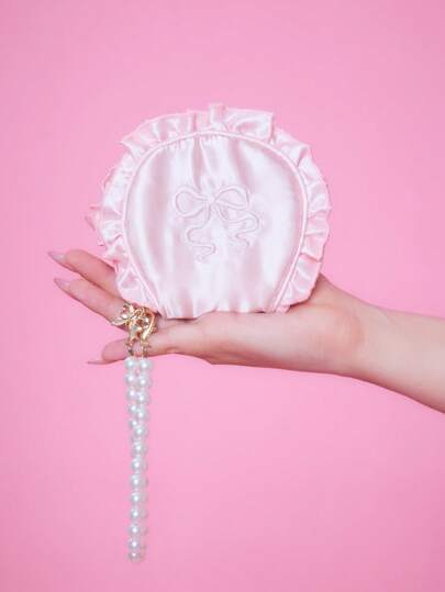 Kawaii 1pc Bowknot Embroidery Shell Ruffle Coin Purse, Portable Makeup Jewelry Storage Bag,Travel Accessories Gift With Pearl Decor