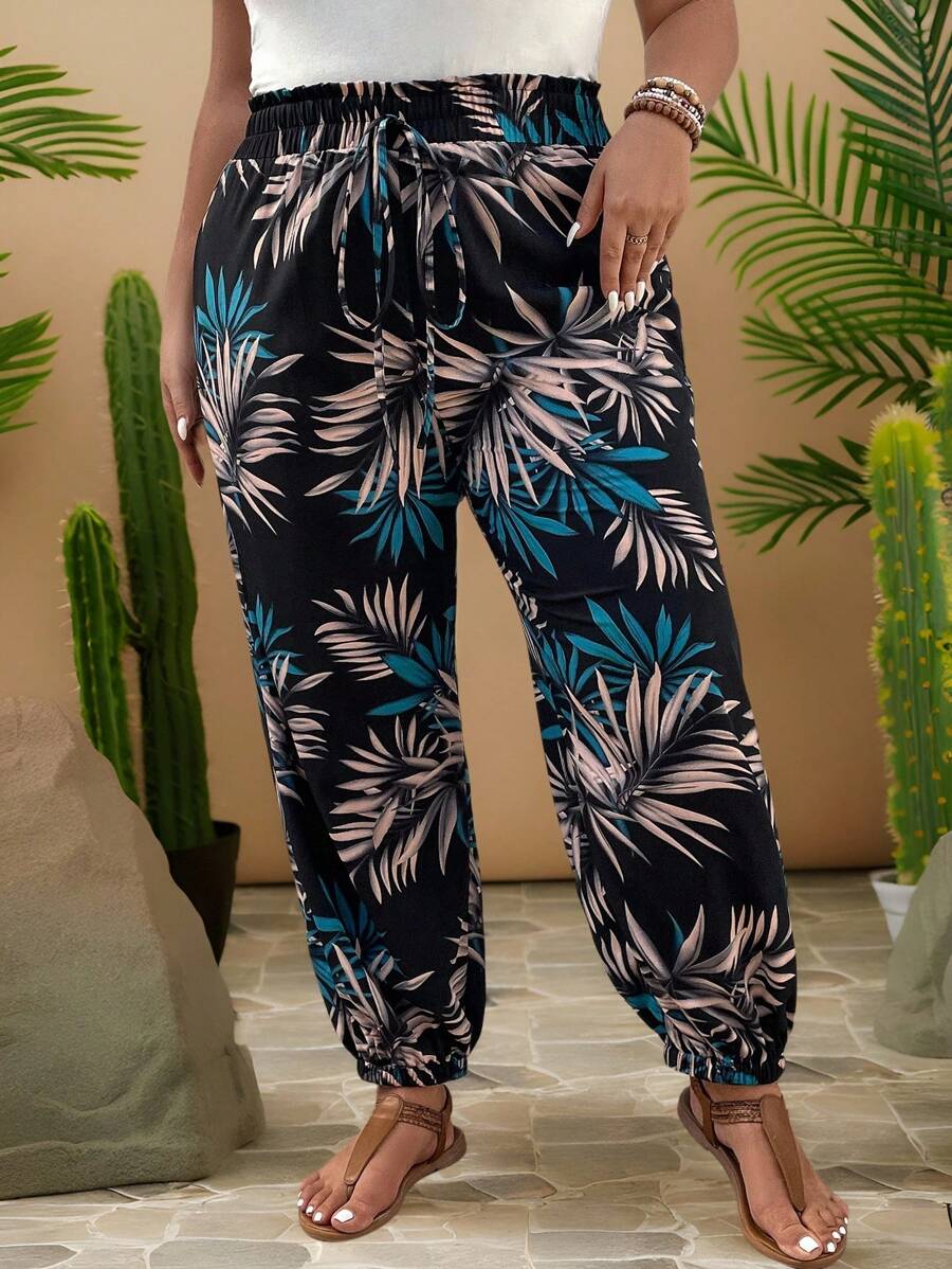 Travachic Plus Tropical Print Knot Front Trousers - Black - View 1