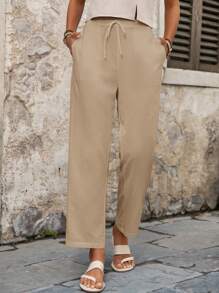 EMERY ROSE Pantalones largos casuales de unicolor con cordón y bolsillo, para verano - Caqui - Ver 6