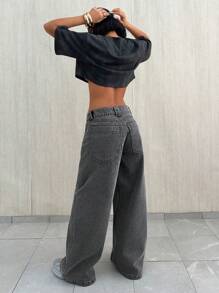 EURMUSE 高腰阔腿牛仔长裤 - 灰色 - 查看 2