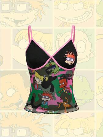 Nick 90's X ROMWE Débardeur moulant avec ourlet en maille à motif de bande dessinée effet contrasté, style Y2K