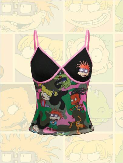 Nick 90's X ROMWE Top tipo camiseta ajustada con estampado de dibujos animados, borde de malla y ribete de contraste, estilo Y2K