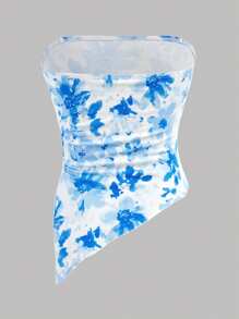 Girlism 女童花卉印花紧身胸衣短款上衣，带褶边和多层可爱迷你裙，两件套 - 淺藍色 - 查看 7