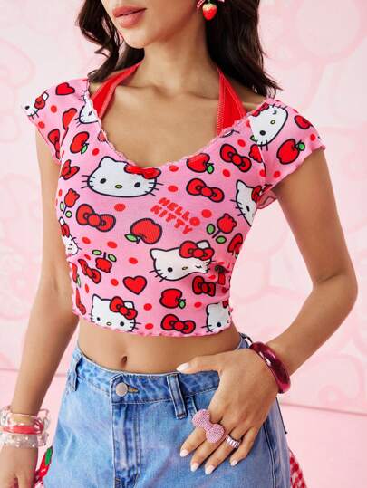 HELLO KITTY AND FRIENDS | SHEIN Kadın Karikatür Desenli Halter Yaka Kısa Kollu Üst, Yaz