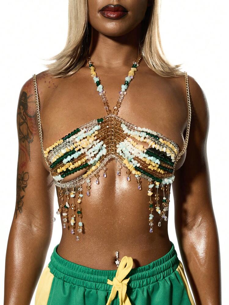 SUMWON WOMEN Beaded Crystal Chain Halter Boho Gemstone Cover Up