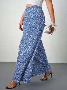 SHEIN Tall CURVE Plus Size Ditsy Floral High Waisted Loose Summer Pants - Baby Blue - View 6