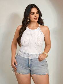 SHEIN Tall CURVE Blusa sin mangas de cuello halter para mujer talla grande con contraste de encaje y bordado láser - Blanco - Ver 3