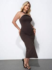 Maija Damen Große Größen Mode einfarbiges Off-Shoulder asymmetrisches Kleid mit Metallring Dekor, figurbetont - Braun - Übersicht 3