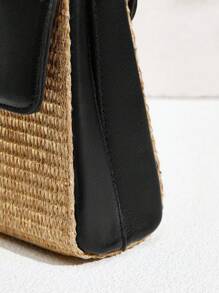 SHECARRY 竹制纽扣撞色拼接手提包