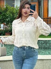 Dazy Plus Blusa blanca holgada de manga larga con cuello de encaje transparente, ropa de vuelta al colegio para tallas grandes - Albaricoque - Ver 6