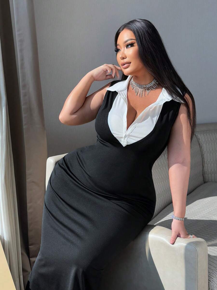 Flirla Plus Size Sleeveless Dress, Fashionable For Summer - Black - View 1