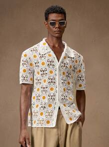 AKNOTIC Business Casual 男士针织花卉图案开衫短袖秋季毛衣，修身廓形，适合夏季、度假、日常穿着、派对、情侣、礼物、周年纪念 - 白色 - 查看 5