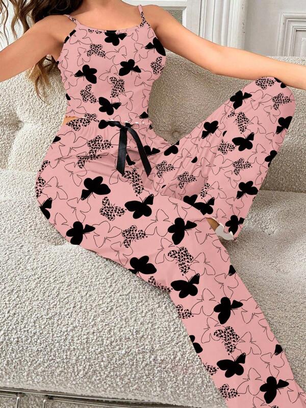 SHEIN Conjunto de pijama con estampado de mariposa que incluye top tipo camiseta y pantalones para mujer
