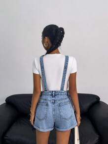 SHEIN 少女粉色蝴蝶结和蓝色牛仔连体衣，春夏休闲度假乡村波西米亚风装 - 淺色水洗藍 - 查看 7